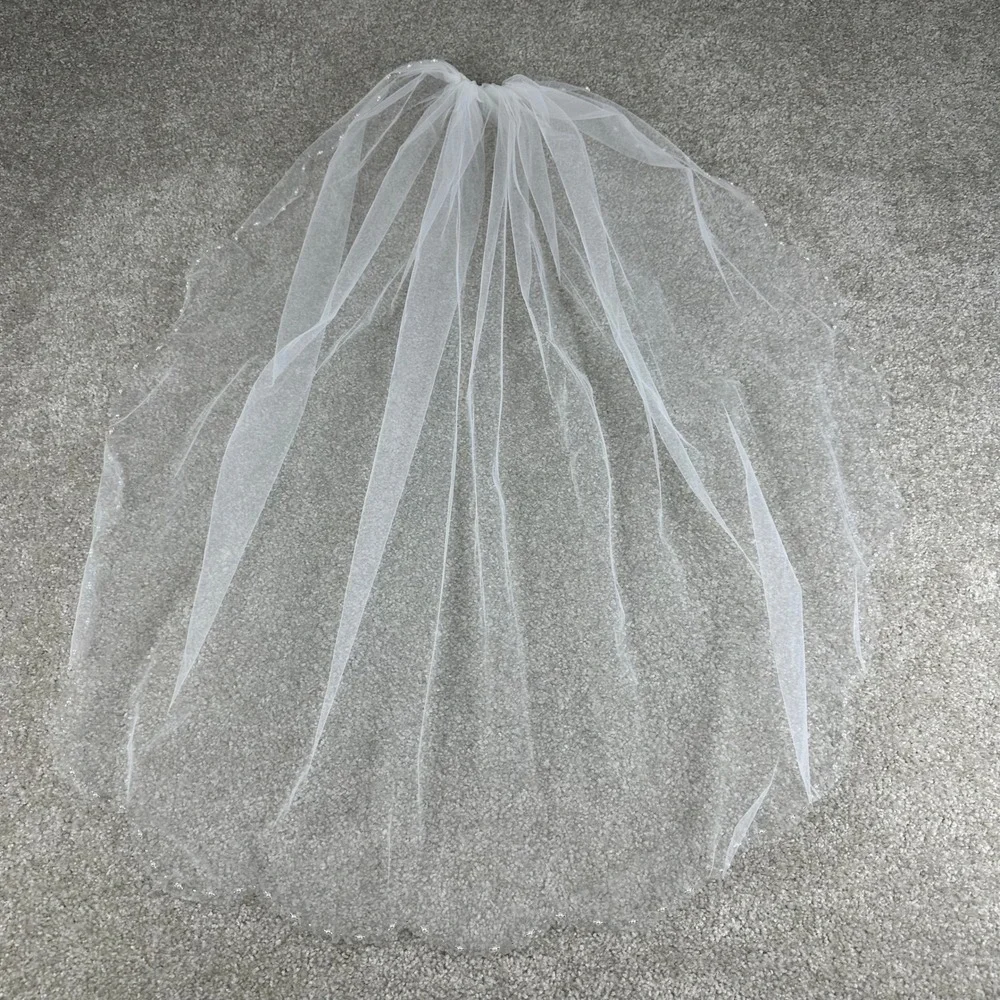 White Tulle Bridal Veil Pearl Beaded Scalloped Edge Fingertip Length Metal Comb